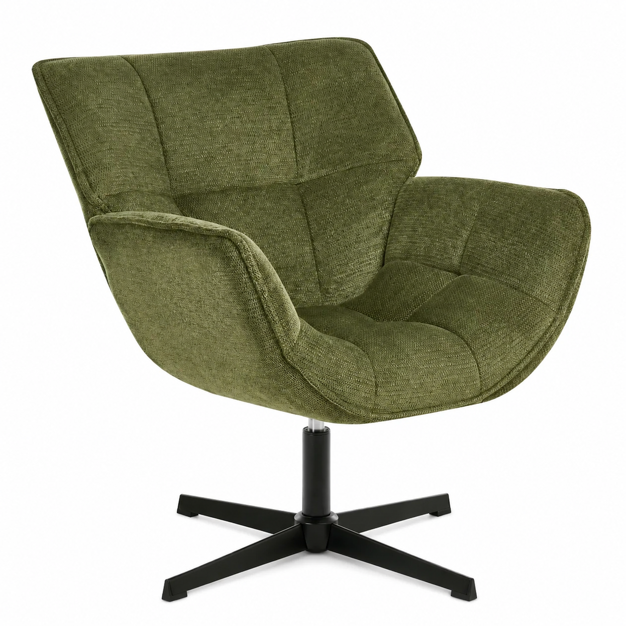 Fauteuil pivotant en tissu vert olive, base métal noir