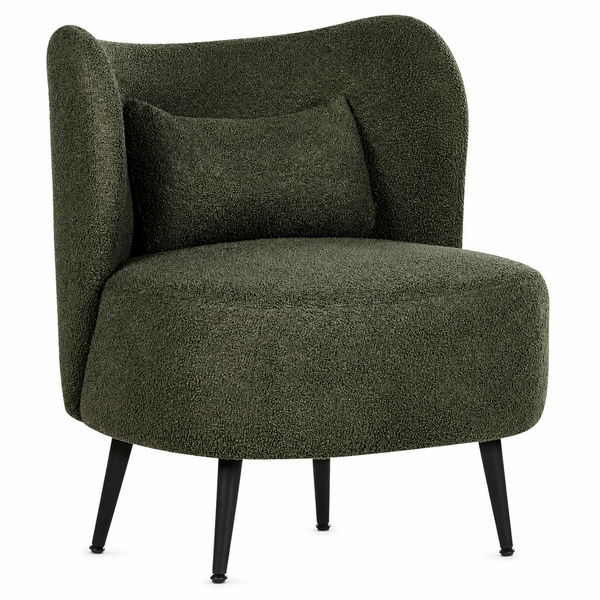 Fauteuil enveloppant en tissu bouclé avec coussin, pieds métal noir
