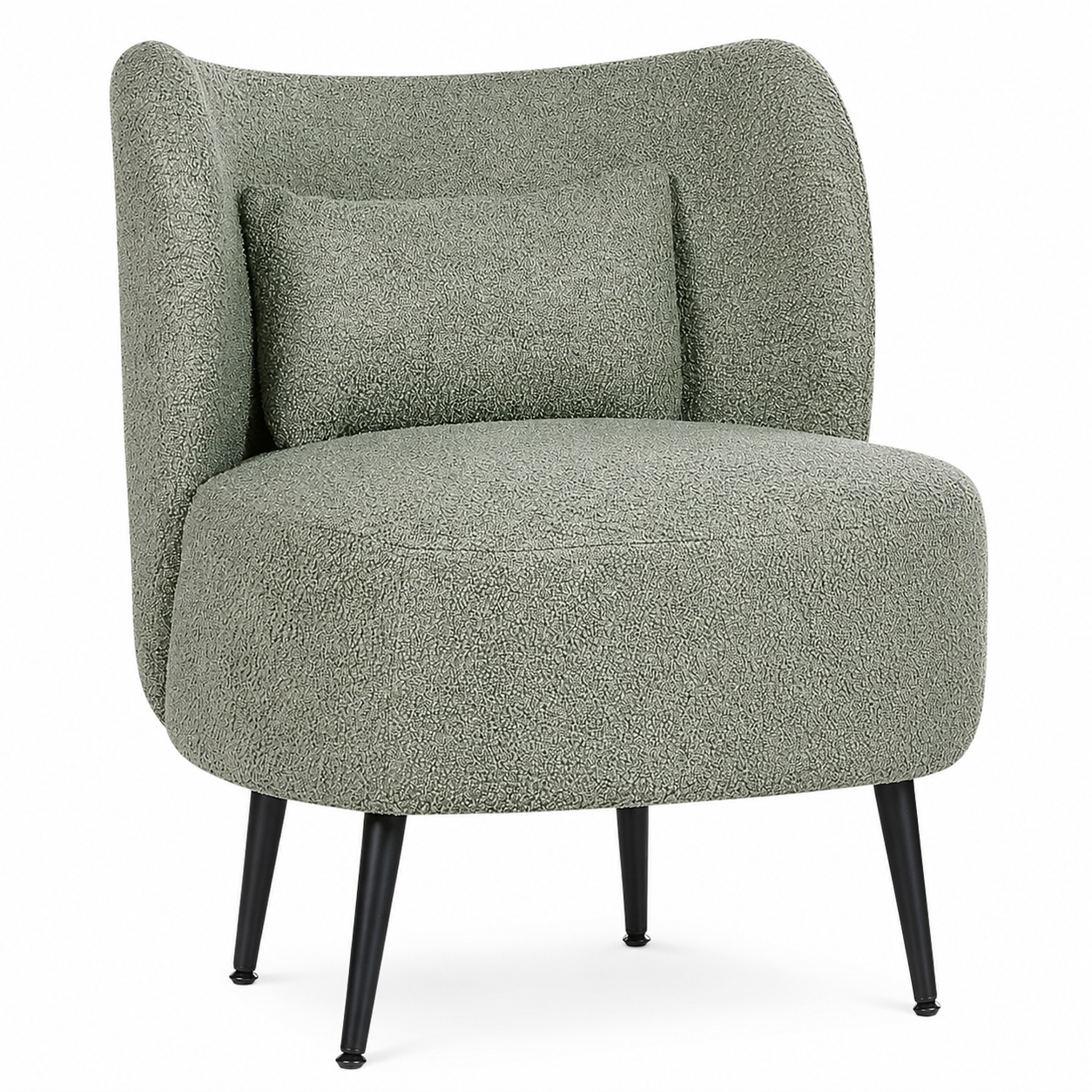 Fauteuil enveloppant en tissu bouclé avec coussin, pieds métal noir