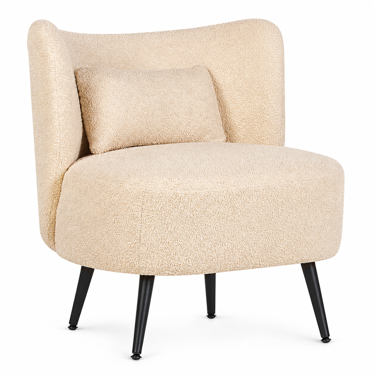 Fauteuil enveloppant en tissu bouclé avec coussin, pieds métal noir
