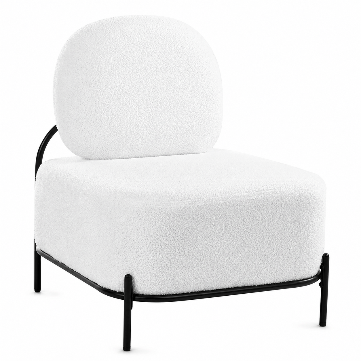 Fauteuil sans accoudoirs en tissu bouclé, piètement métal noir