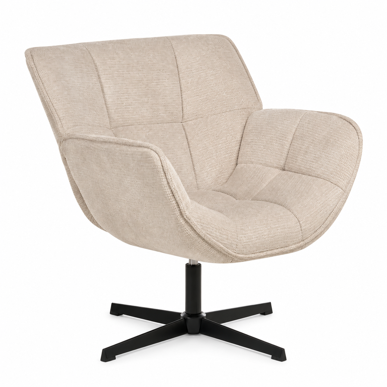 Fauteuil pivotant en tissu vert olive, base métal noir