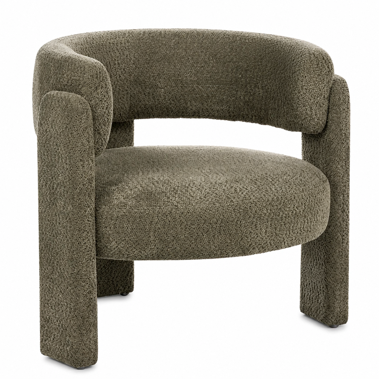 Fauteuil en tissu chenille taupe, accoudoirs évasés