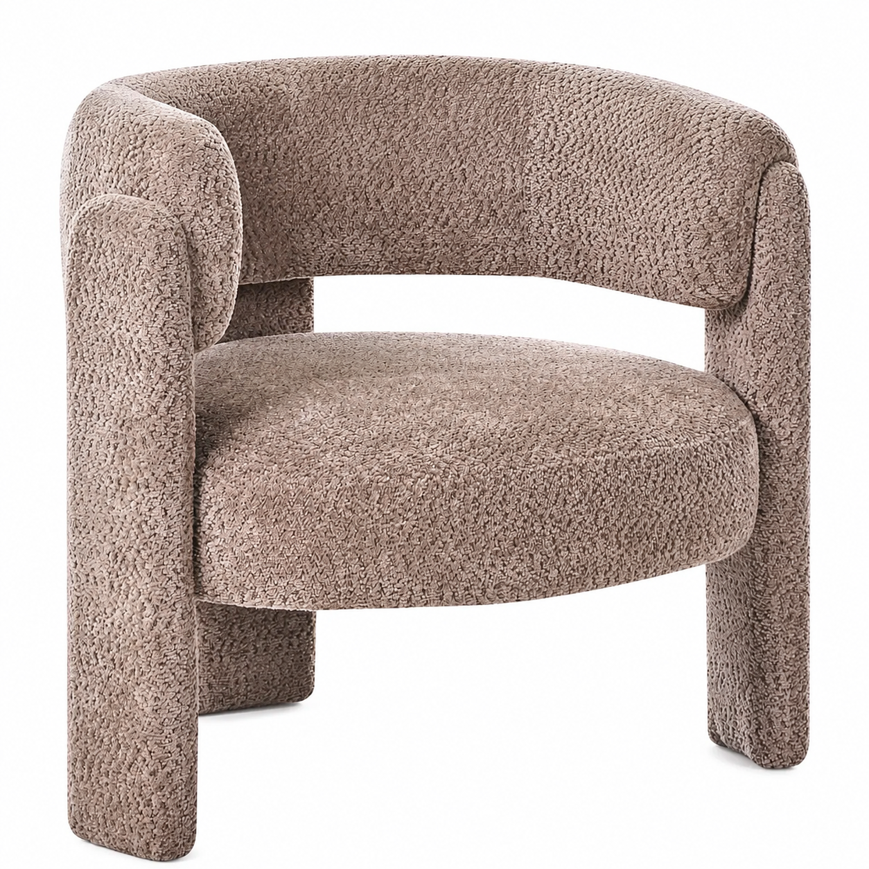 Fauteuil en tissu chenille taupe, accoudoirs évasés