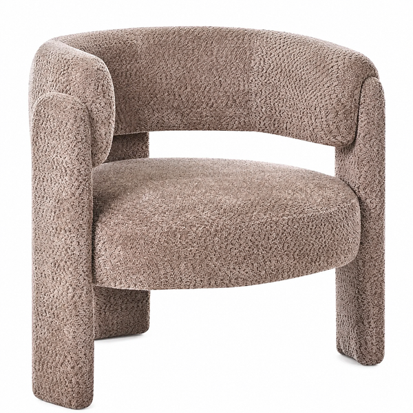 Fauteuil en tissu chenille taupe, accoudoirs évasés